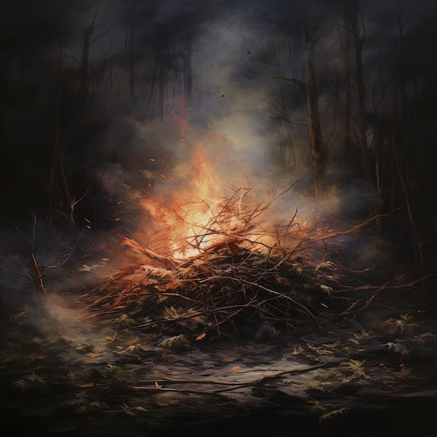 un fuego ardiendo en un bosque con un fuego ardiente en el fondo