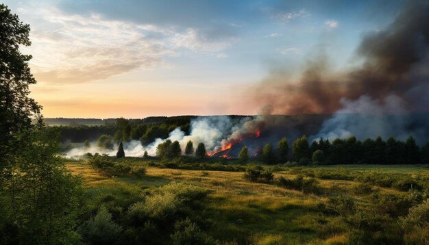 Foto un fuego ardiendo en un campo con un bosque en llamas en el fondo