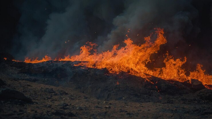 un fuego ardiendo en la hierba con un fuego de hierba en el fondo