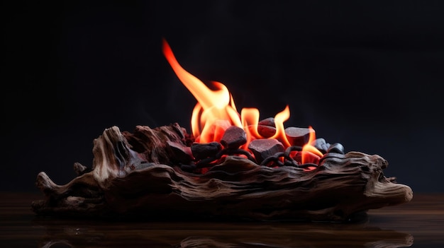 Un fuego ardiendo en un tronco con algunas rocas en el fondo ai
