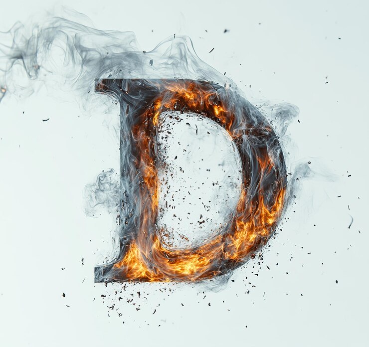 Foto fuego ardiente letra d hecha de fuego 3d