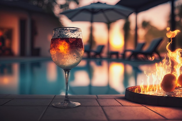 Fuego ardiente en el patio junto a la hermosa piscina con vasos y bebidas