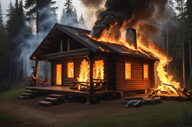 Un fuego ardiente que consume una cabaña de madera en el bosque