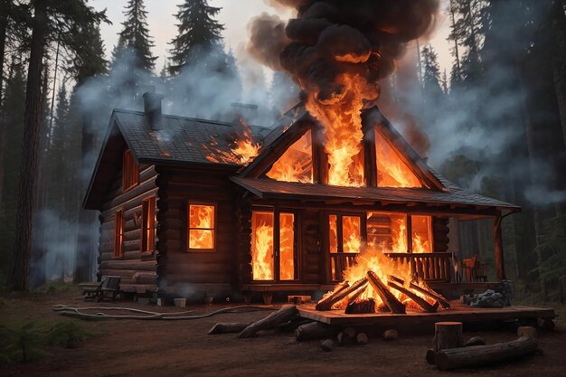 Un fuego ardiente que consume una cabaña de madera en el bosque