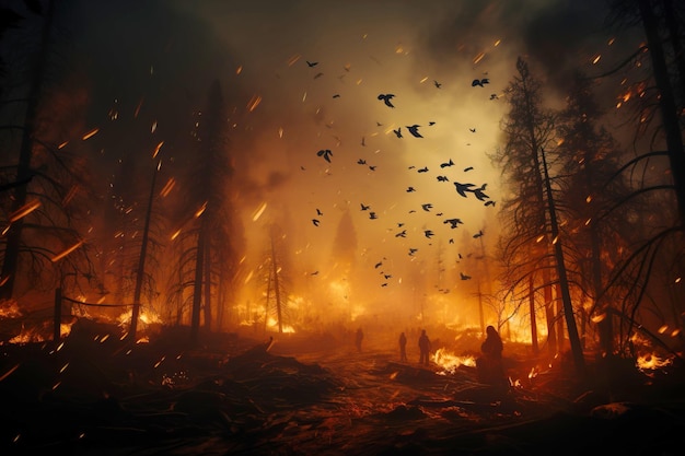 Fuego en el bosque llamas luces fondo oscuro AI generado desastre ecológico desastre natural