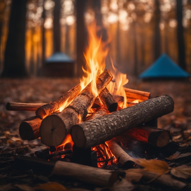 Fuego en el bosque de otoño en primer plano