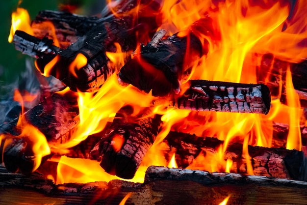 Un fuego con brasas y fuego en el fondo de un picnic natural quema una hoguera para comer en la calle
