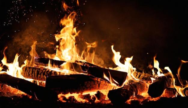 Foto el fuego con las brasas quema en la noche los troncos de madera están ardiendo