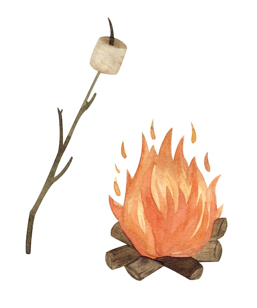 Fuego de campamento de acuarela con maderas y malvavisco en un palo aislado en un conjunto de fondo blanco