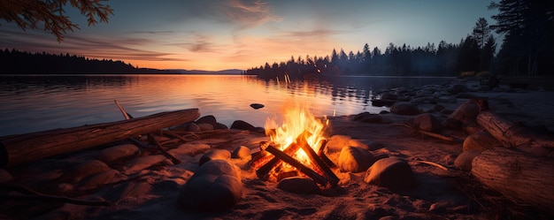 Fuego de campamento brillante junto al lago puesta de sol con llamas abiertas fuego y troncos acampando en la playa por la noche paisaje sereno del lago
