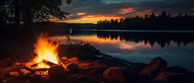 Fuego de campamento brillante junto al lago