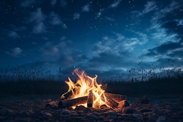 Fuego de campamento bajo el cielo estrellado de la noche