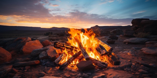 Fuego de campamento contra el cielo del crepúsculo en el paisaje rocoso