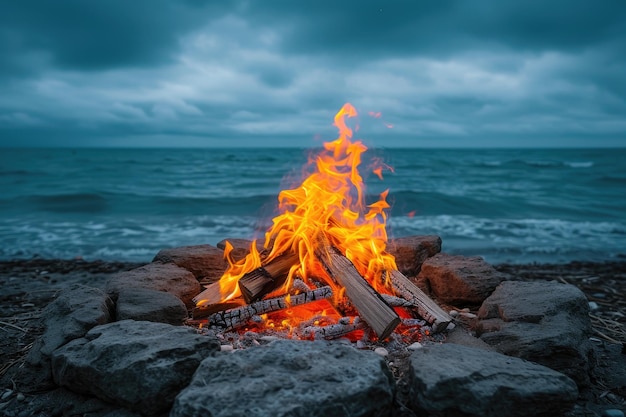 fuego de campamento crujiendo en la playa de arena fotografía profesional