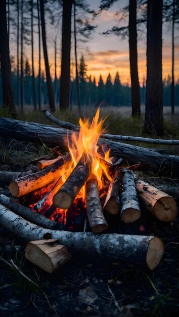 un fuego de campamento con un fuego en el fondo y un tronco en el primer plano