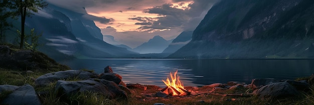 Foto fuego de campamento junto a lke en las montañas por la noche