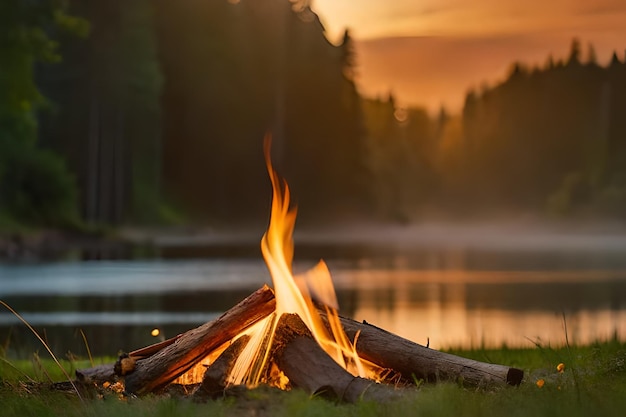 un fuego de campamento con un lago en el fondo