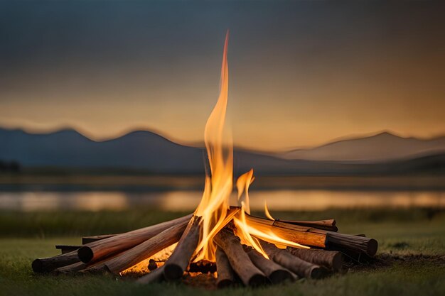 un fuego de campamento con una montaña en el fondo