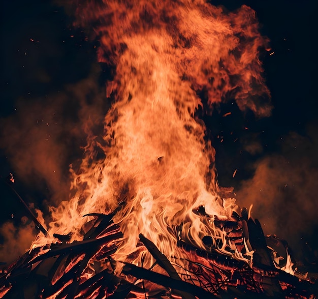 fuego de campamento por la noche con fondo negro