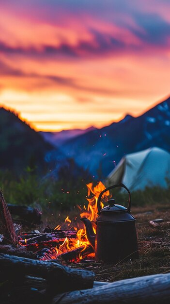 Fuego de campamento y tienda de té y montañas