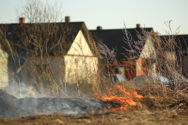 fuego en el campo / fuego en la hierba seca, paja quemada, elemento, paisaje natural, viento