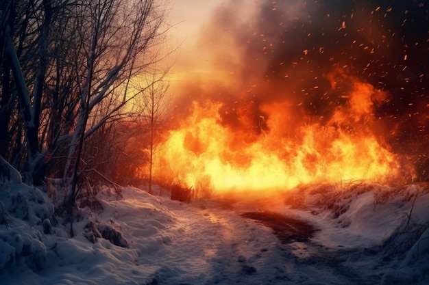 Fuego cerca del bosque en la naturaleza hora de invierno