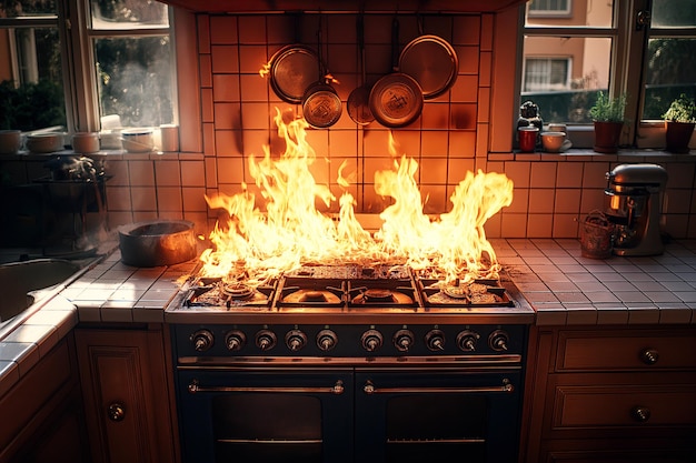 Foto fuego en la cocina en la casa quemando la estufa de gas