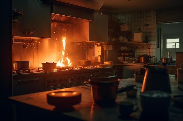 Foto un fuego en una cocina con una olla en la estufa