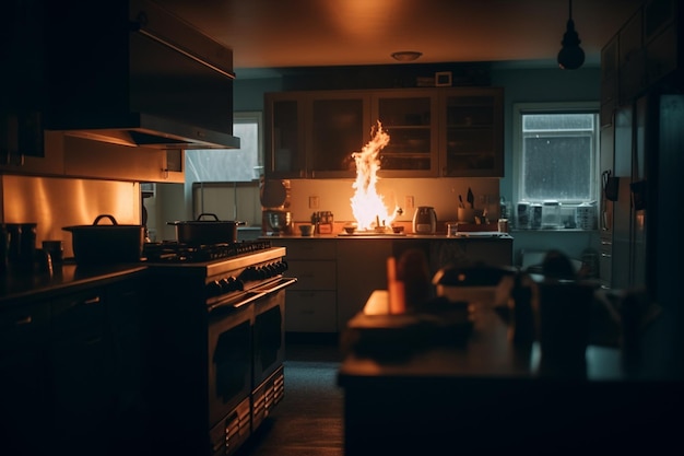 Un fuego en una cocina con una olla en la estufa