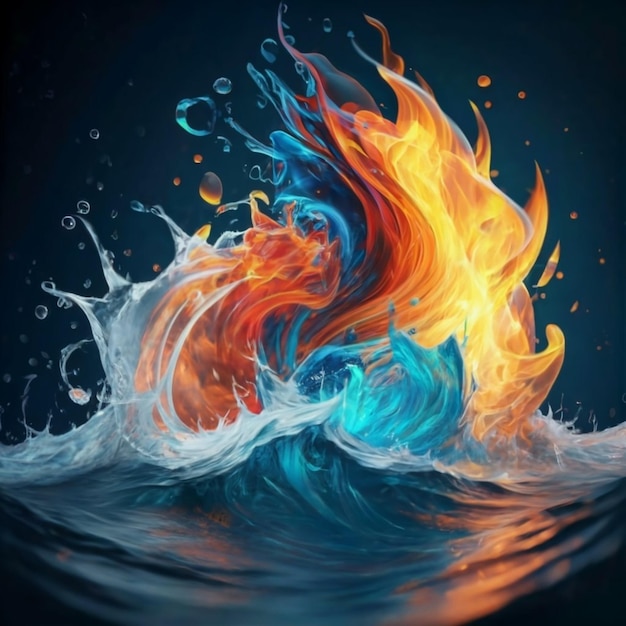 Fuego de colores brillantes y fondo azul océano