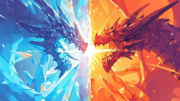 El fuego contra los dragones elementales de hielo que se enfrentan a la ilustración plana