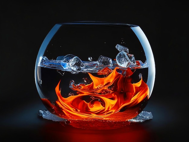 Fuego y cubos de hielo en el gigante vidrio redondo Foto de stock