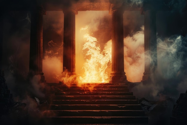 Fuego eterno en un paisaje de fantasía oscuro con columnas antiguas
