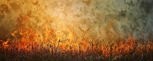 Fuego forestal en un campo cubierto de hierba durante la puesta de sol