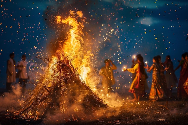 Foto un fuego con un fuego ardiendo en él y la gente de pie a su alrededor