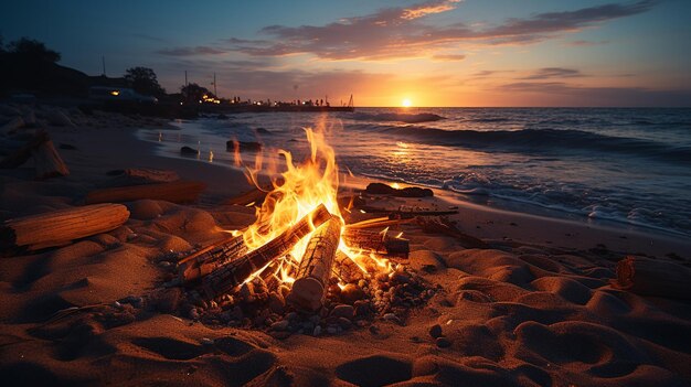 Foto fuego y fuego de campamento en la playa al atardecer