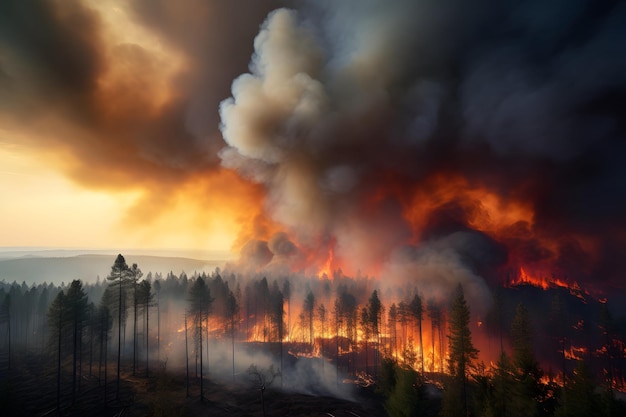 Un fuego furioso que engulle un bosque denso