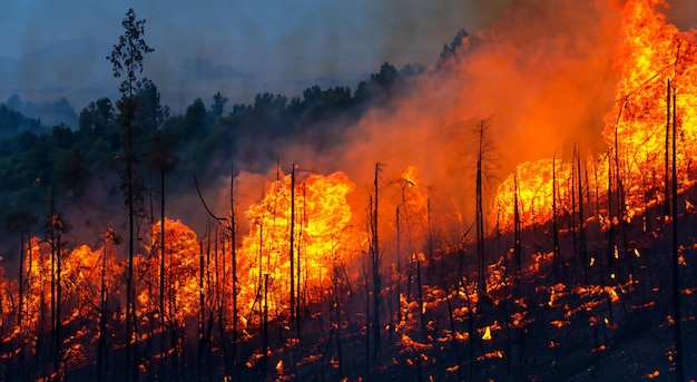 fuego gigante en el medio del bosque de hojas con altas llamas