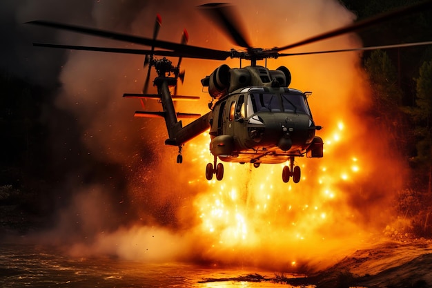 El fuego de los helicópteros militares genera un salto de fuego.