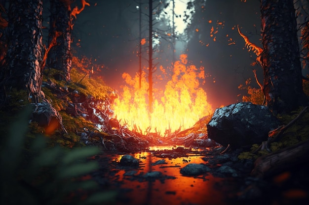 Fuego de ilustración en un bosque caducifolio