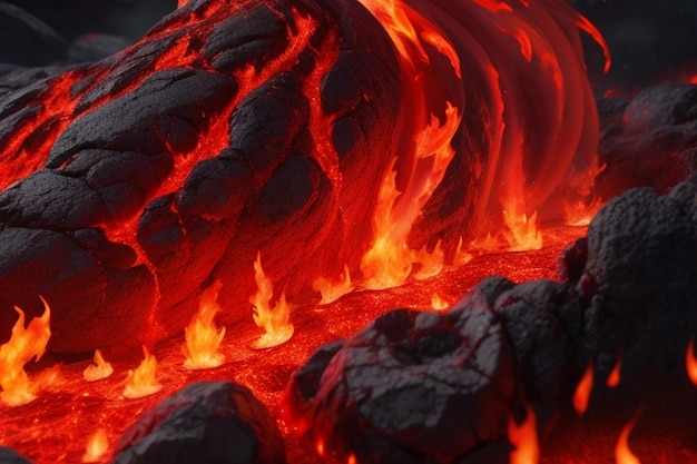 El fuego de lava se extendió por la montaña. La lava rompió el papel pintado con un fondo más oscuro. Explosión de fuego en la piedra.