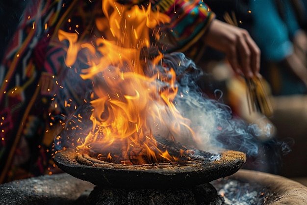 Foto un fuego con llamas y una mujer cocinando delante de él