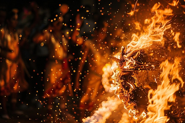 un fuego con llamas y una persona sosteniendo una antorcha