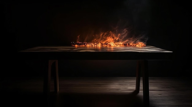 Un fuego en una mesa en un cuarto oscuro