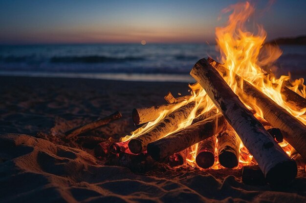 Fuego en la playa al anochecer.