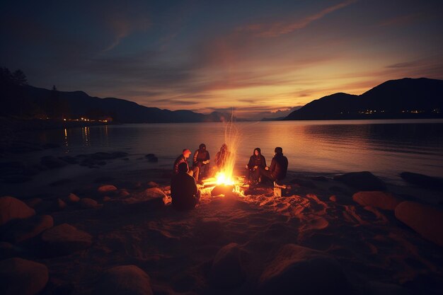 Fuego en la playa con amigos asando malvaviscos