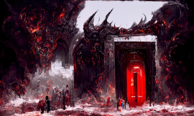 Fuego del purgatorio en el infierno Una multitud de pecadores arde en el infierno en el fuego del infierno La puerta de entrada al inframundo infernal Diablos demonios y demonios atormentan a los pecadores 3d ilustración