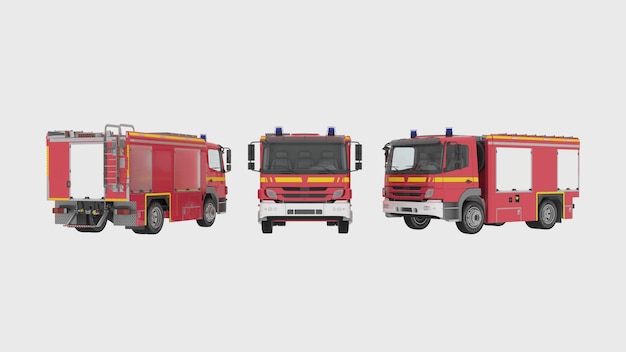 El fuego rescata la vista lateral delantera y trasera del camión rojo aislada en la representación 3D de fondo blanco