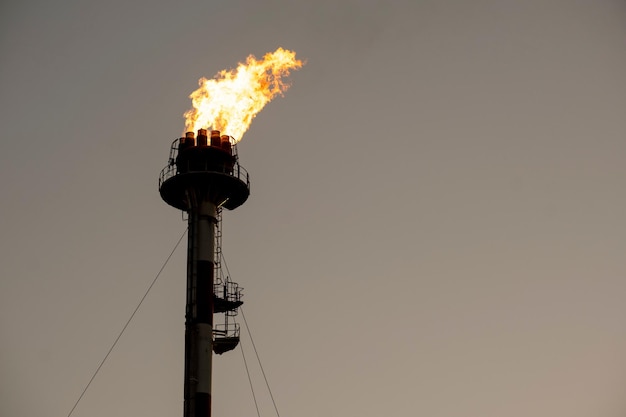 El fuego sale de la chimenea alta en un complejo industrial en el fondo del cielo gris