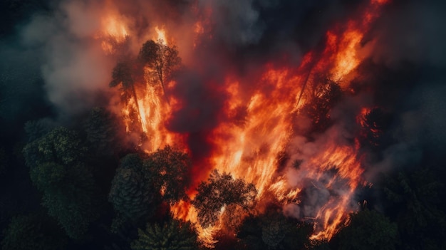 El fuego salvaje quema el suelo en el bosque